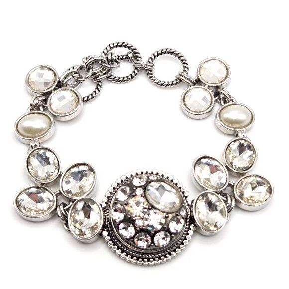 Ginger Snaps Silvertone Rhinestone and Faux Pearl Chunky Glam Bracelet 7" - Picture 1 of 8